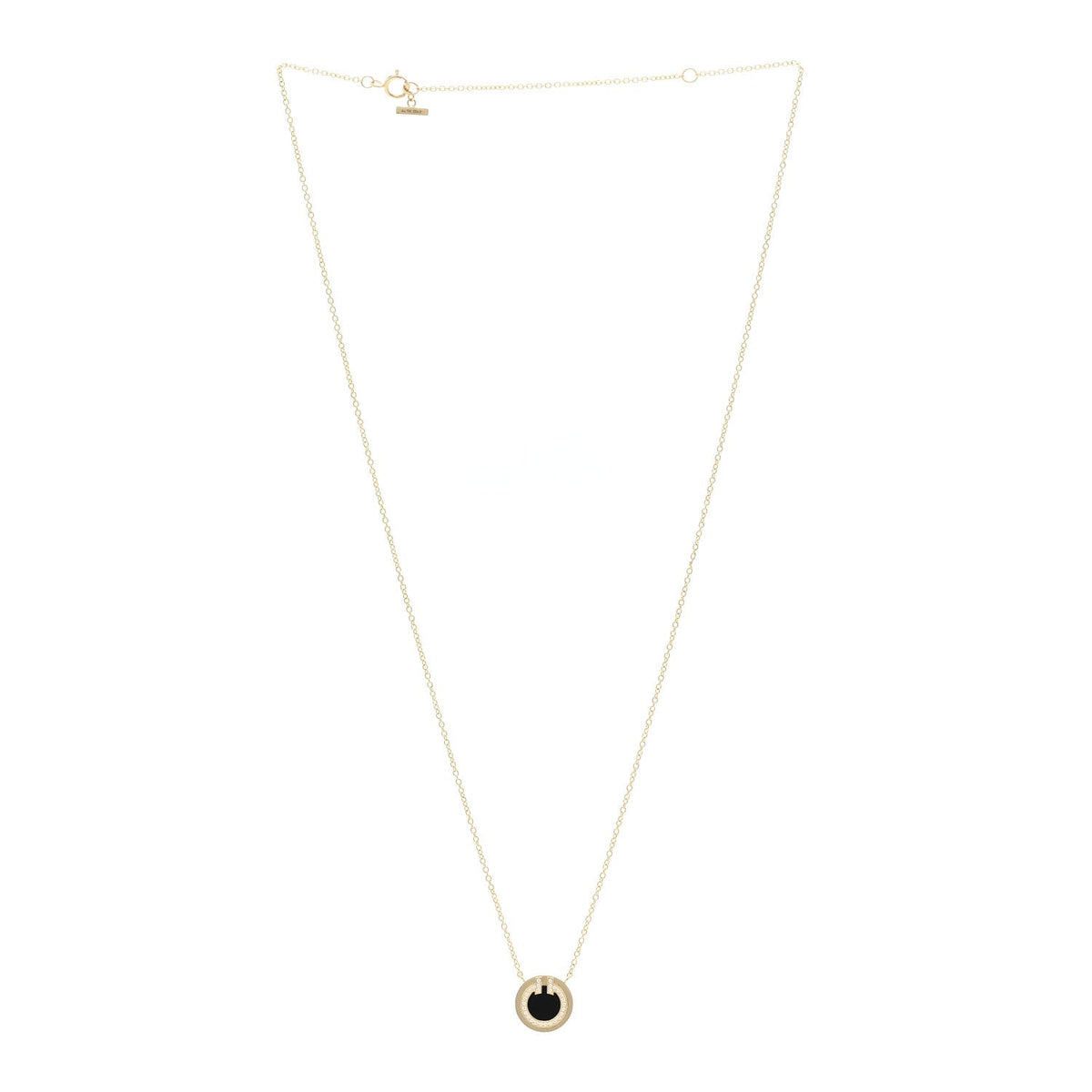 18K Yellow Gold Diamond Black Onyx Small T Circle Pendant Necklace