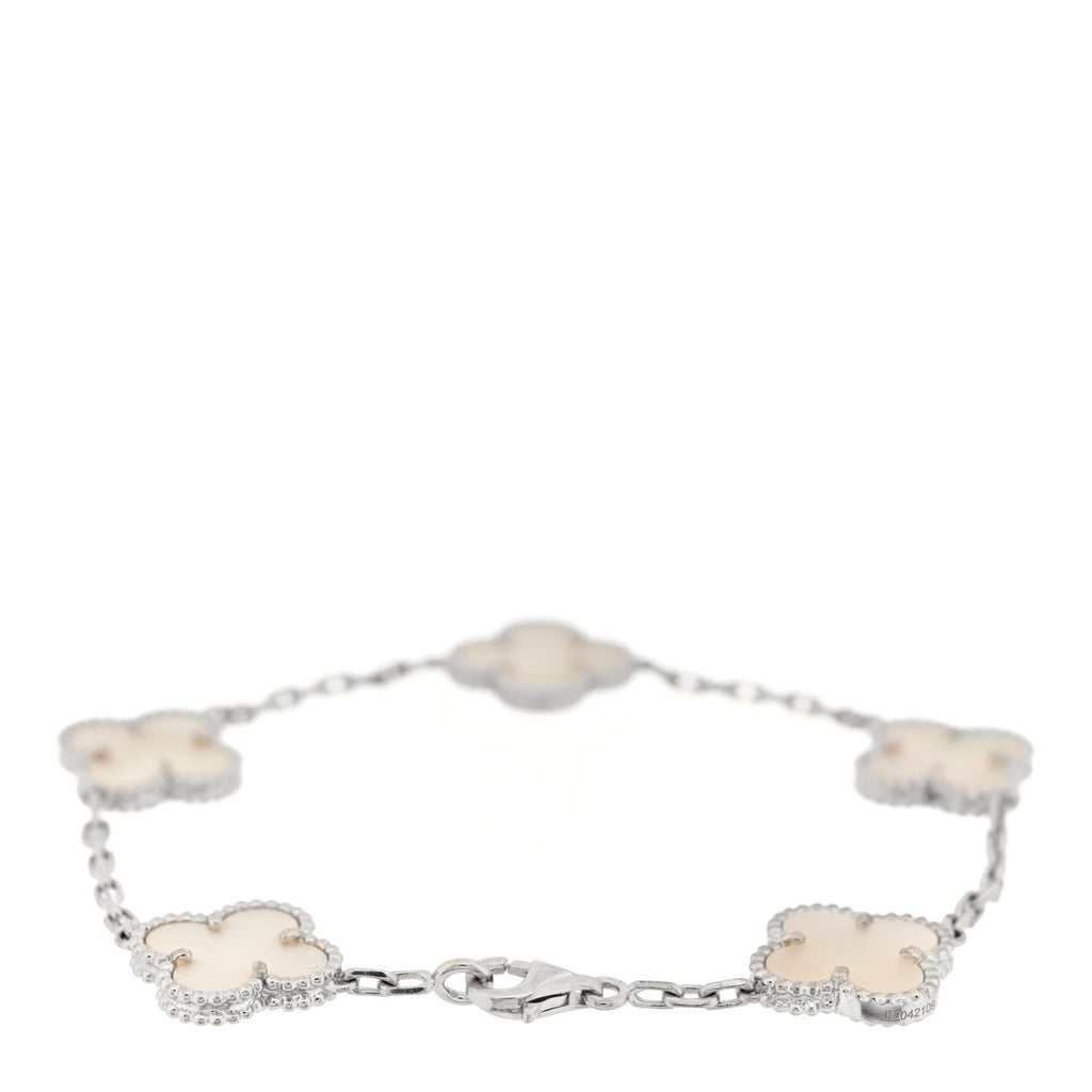 VAN CLEEF &amp; ARPELS 18K White Gold Mother of Pearl 5 Motifs Vintage Alhambra Bracelet