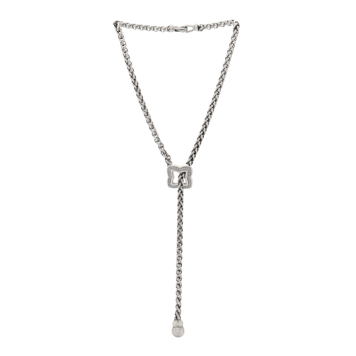 Sterling Silver Diamond Quatrefoil Lariat Wheat Chain Necklace