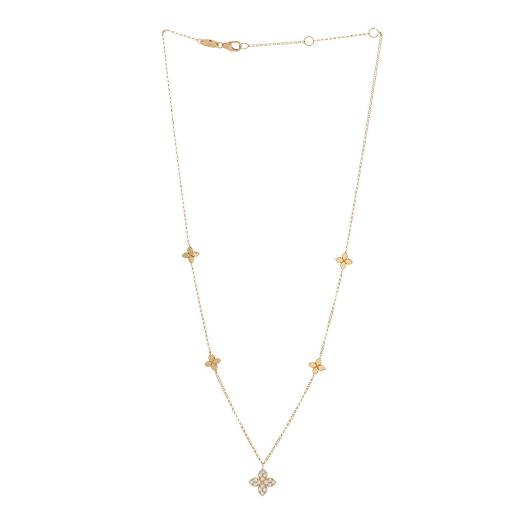 18K Yellow Gold Diamond Love in Verona Flower Five Station Flower Necklace