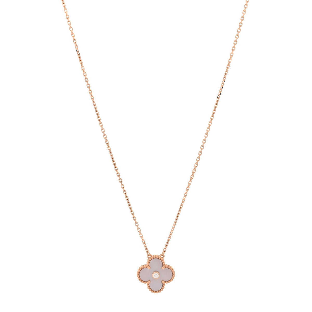 18K Rose Gold Diamond Pink Mother of Pearl Vintage Alhambra Pendant Necklace