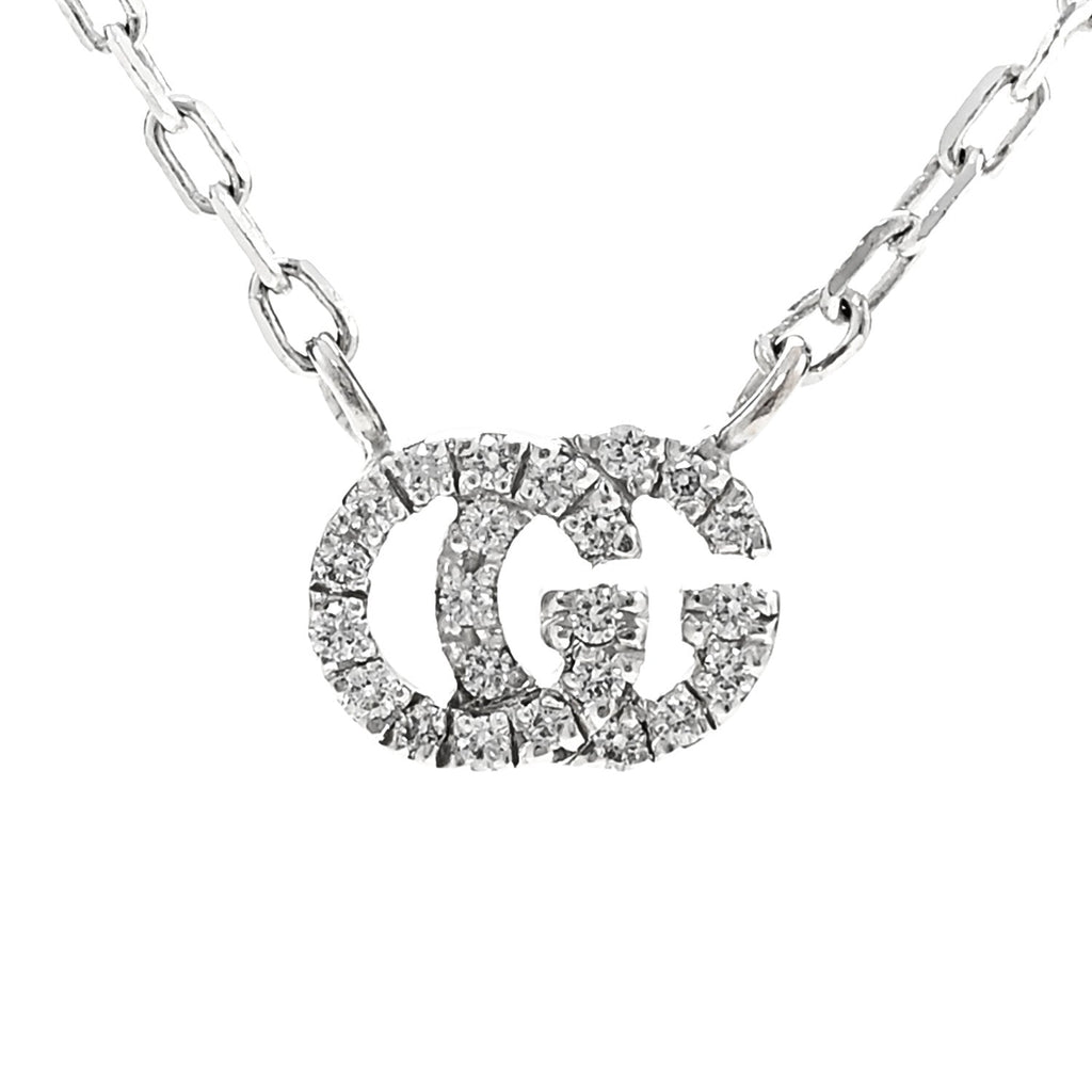 18K White Gold Diamond Running GG Pendant Necklace