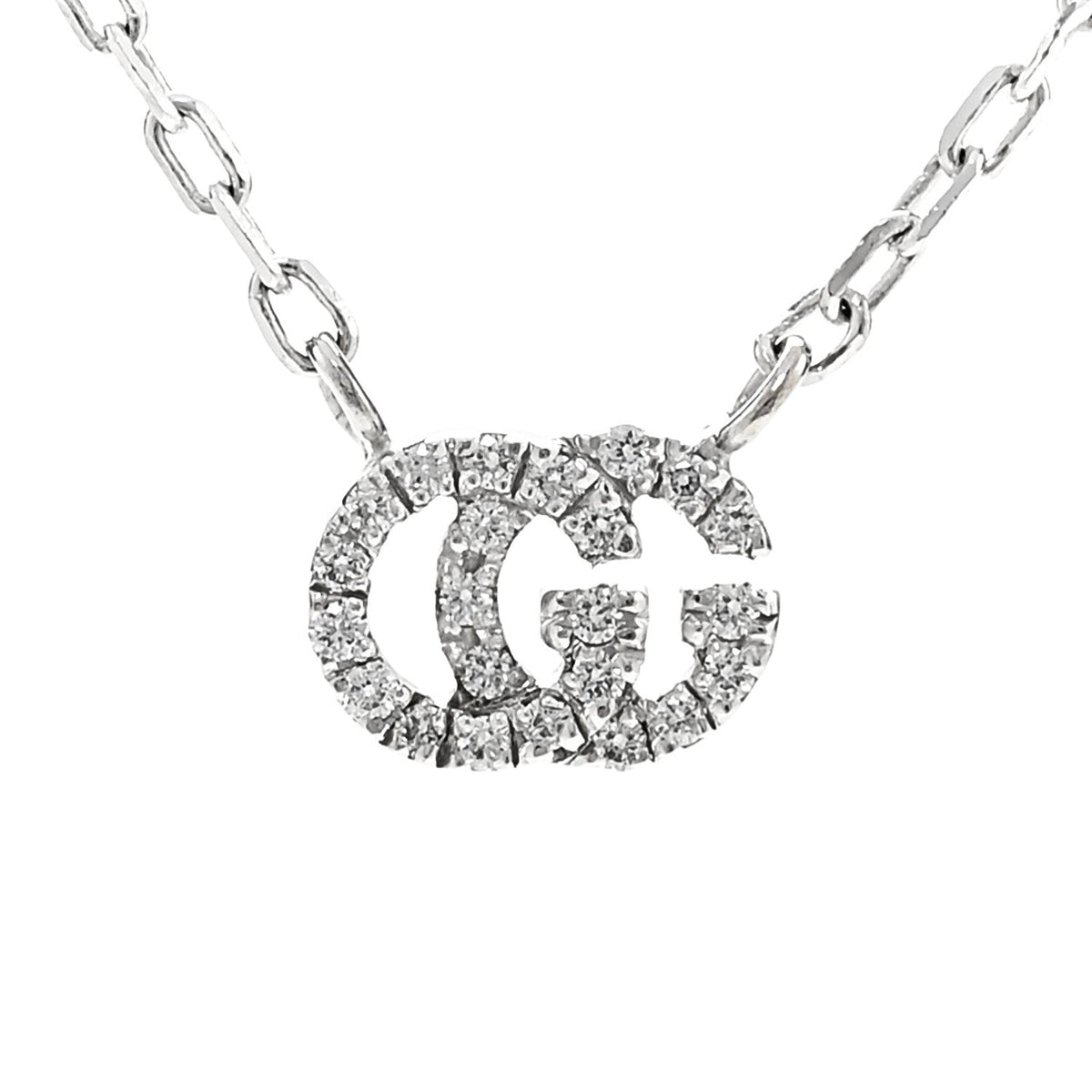 18K White Gold Diamond Running GG Pendant Necklace