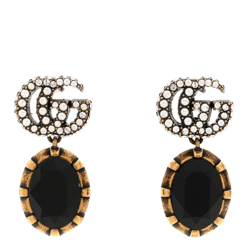 Metal Crystal Double G Drop Earrings Black Gold