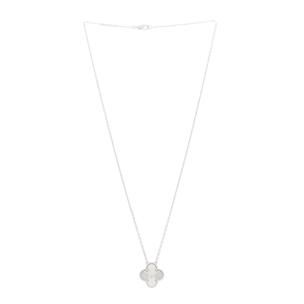 18K White Gold Diamond Guilloche Vintage Alhambra Pendant Necklace