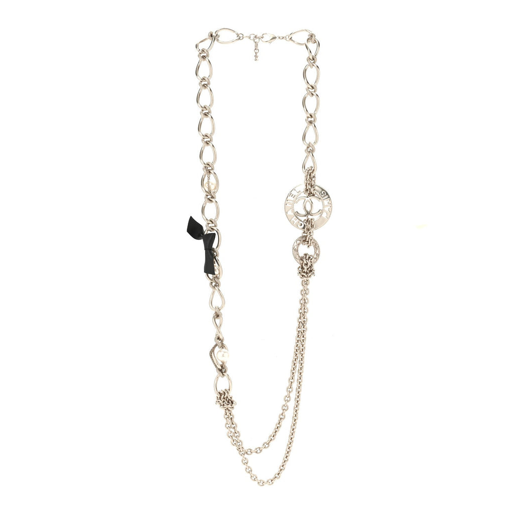 Metal Pearl Chain CC Paris Pendant Long Necklace Light Gold