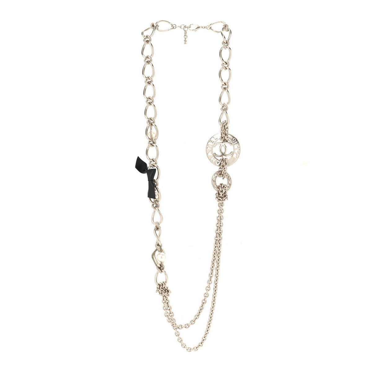 Metal Pearl Chain CC Paris Pendant Long Necklace Light Gold