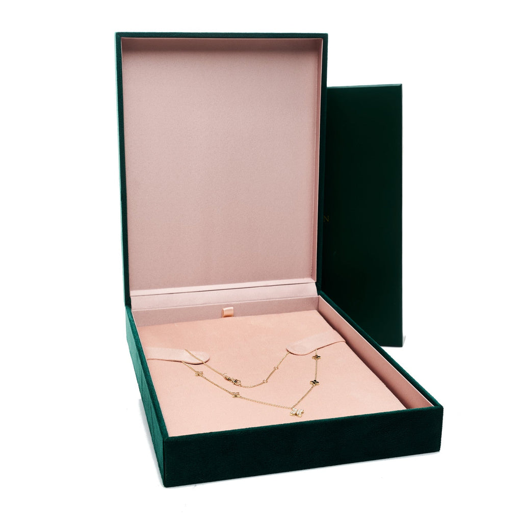 18K Yellow Gold Diamond Princess Flower Charm Station Necklace