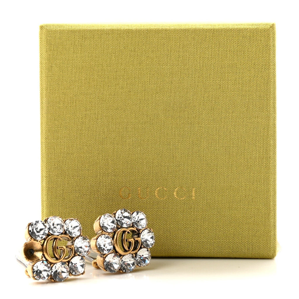 Metal Crystal Double G Clip On Earrings Aged Gold