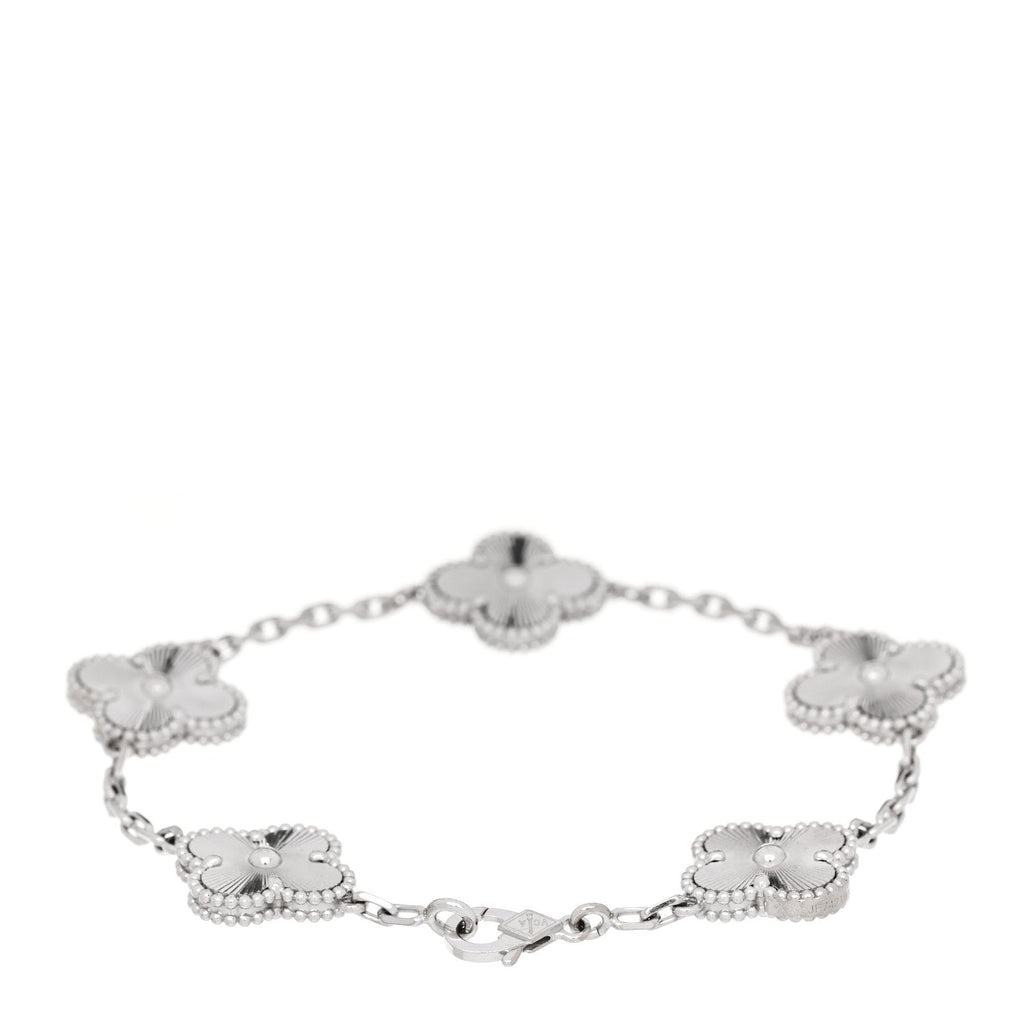 18K White Gold 5 Motifs Guilloche Vintage Alhambra Bracelet