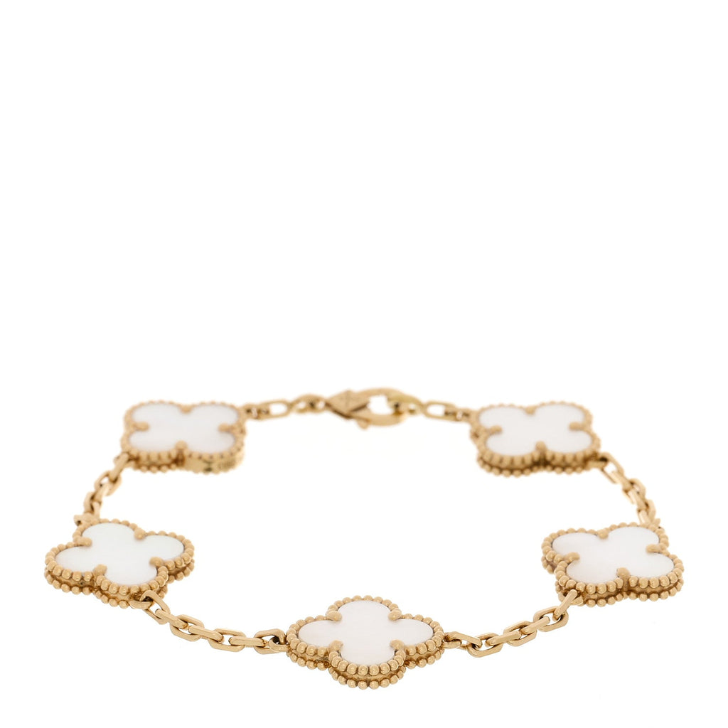 VAN CLEEF &amp; ARPELS 18K Yellow Gold Mother of Pearl 5 Motifs Vintage Alhambra Bracelet