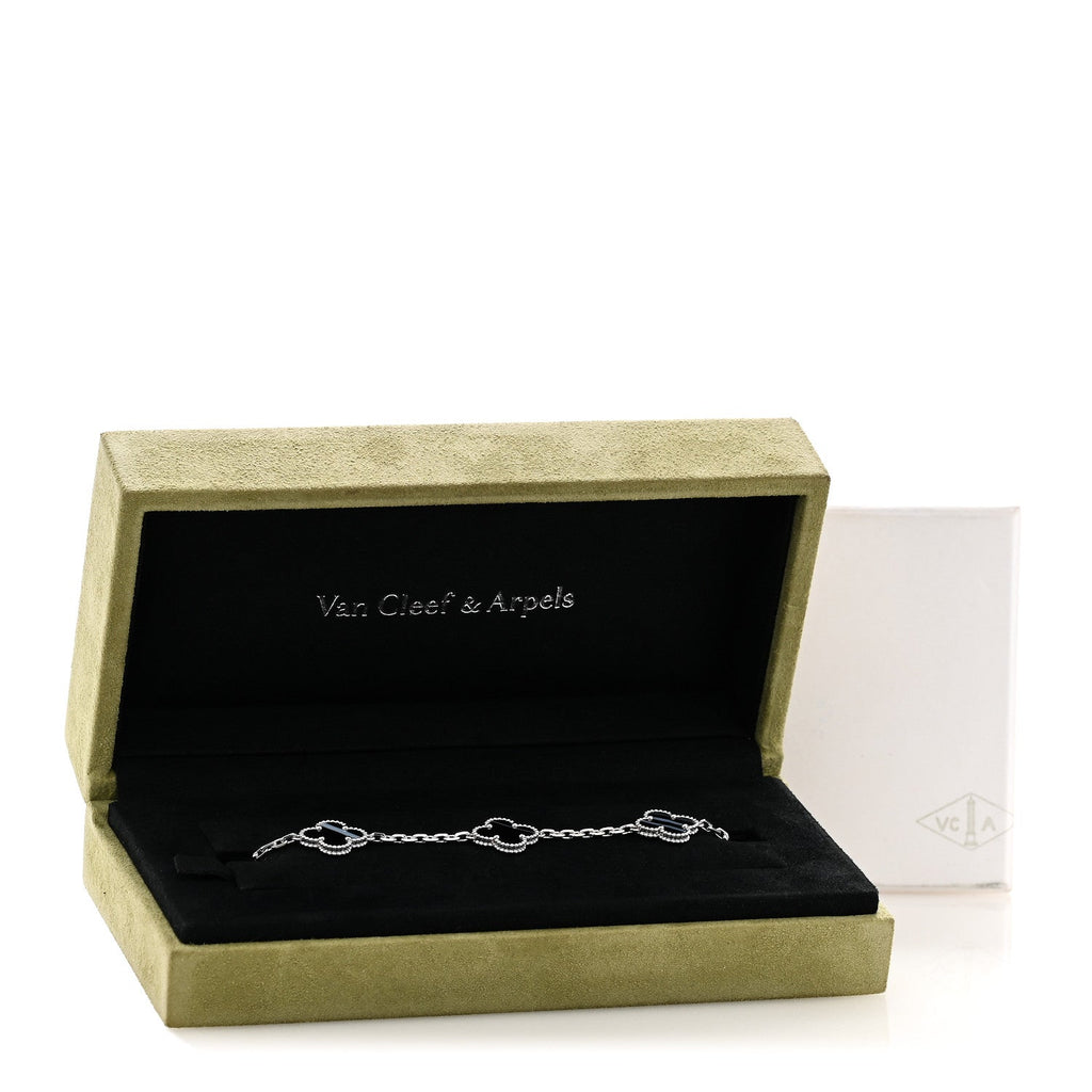 18K White Gold Veined Black Onyx 5 Motifs Vintage Alhambra Bracelet