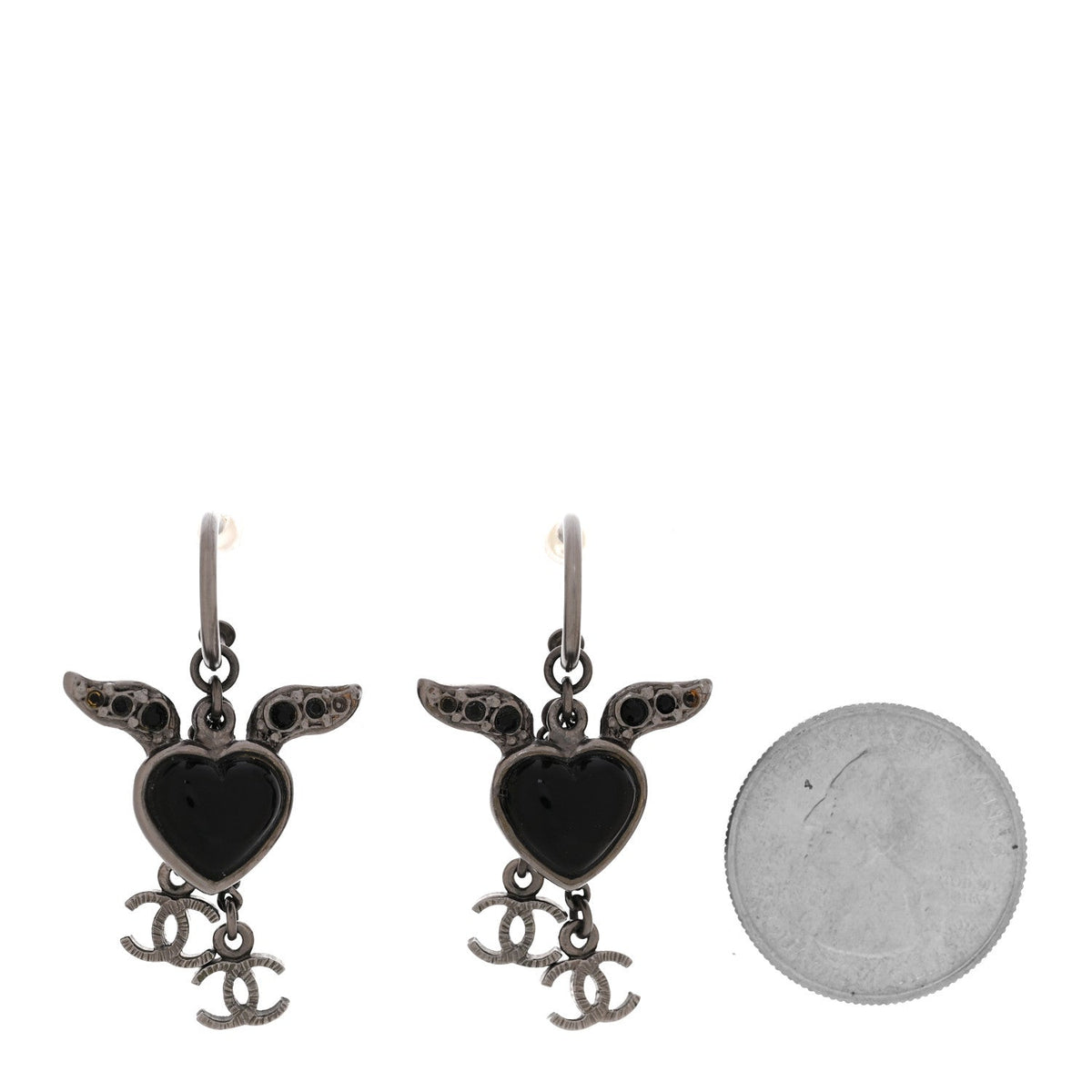 Enamel Crystal Heart Wing CC Drop Earrings Black Silver
