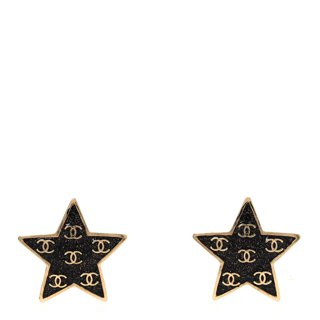 Metal Glitter Sparkle CC Star Earrings Gold Pearly Black