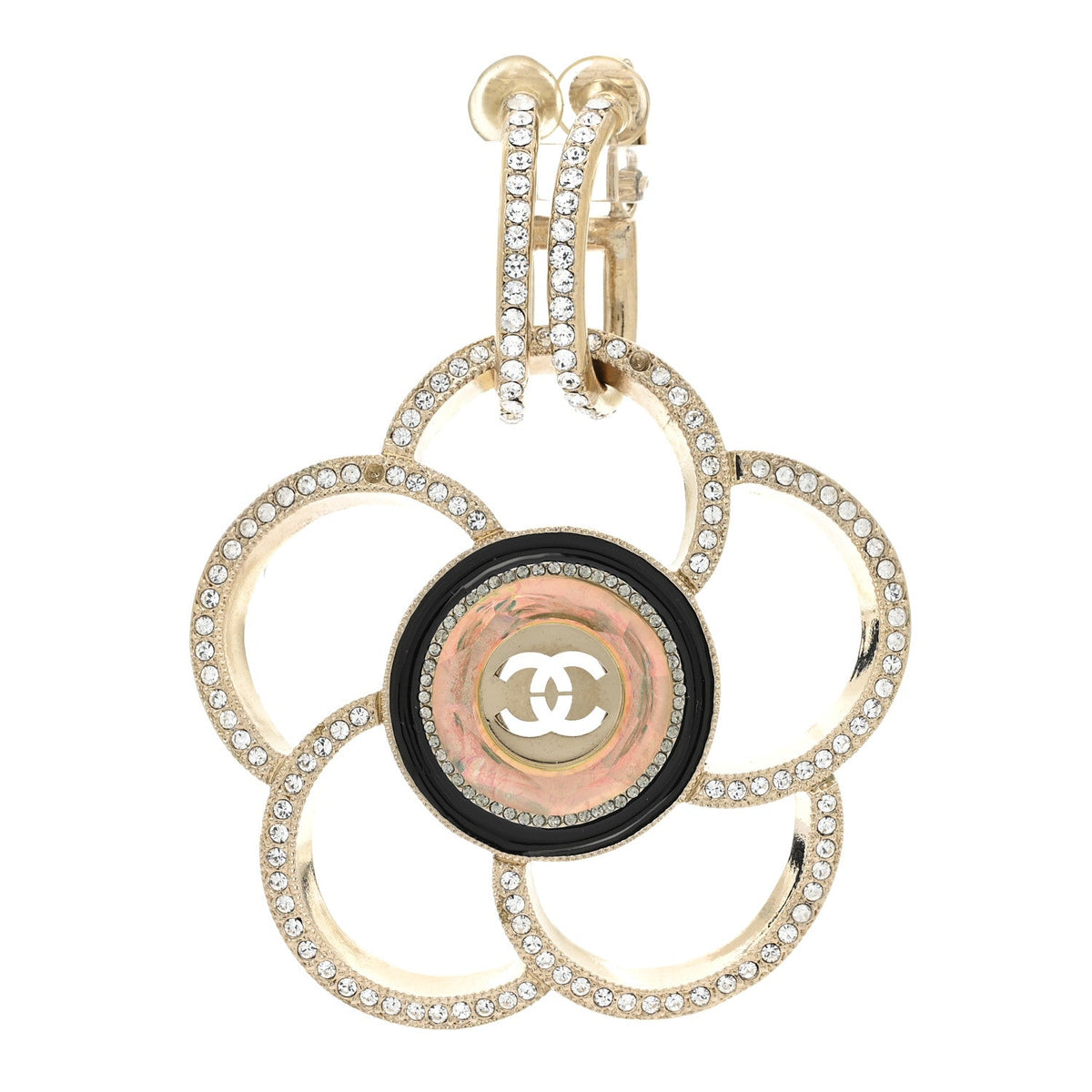 Resin Crystal CC Camellia Drop Single Clip On Earring Gold Black