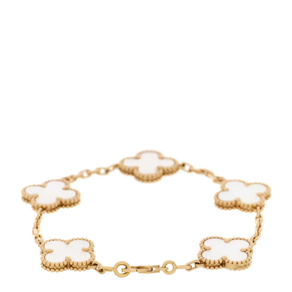 VAN CLEEF &amp; ARPELS 18K Yellow Gold Mother of Pearl 5 Motifs Vintage Alhambra Bracelet