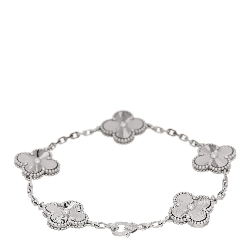 18K White Gold 5 Motifs Guilloche Vintage Alhambra Bracelet