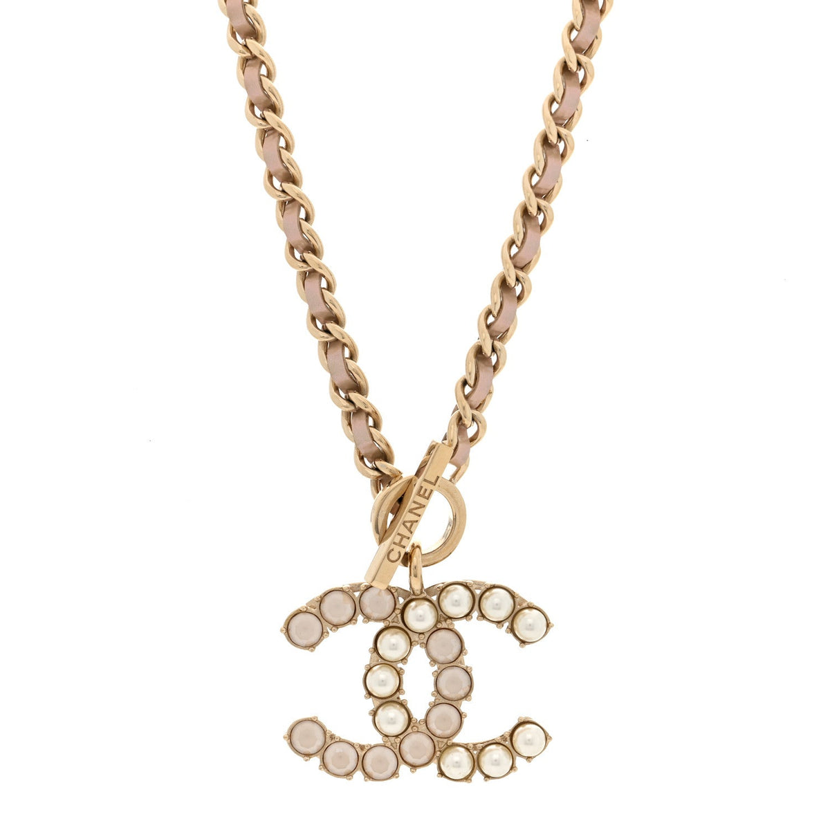 Pearl Crystal Lambskin Chain CC Dazzling Domino Necklace White Gold Pink
